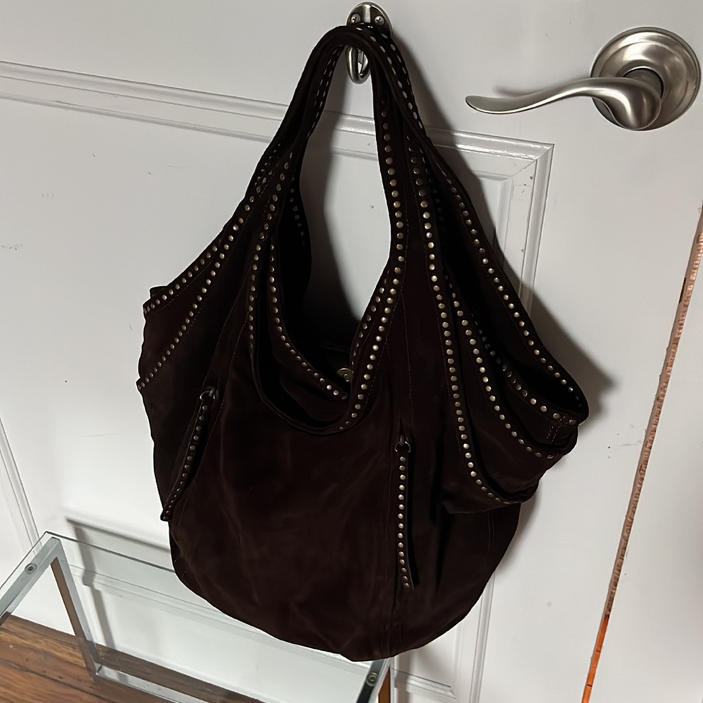 Brown suede purse with gold stud trim